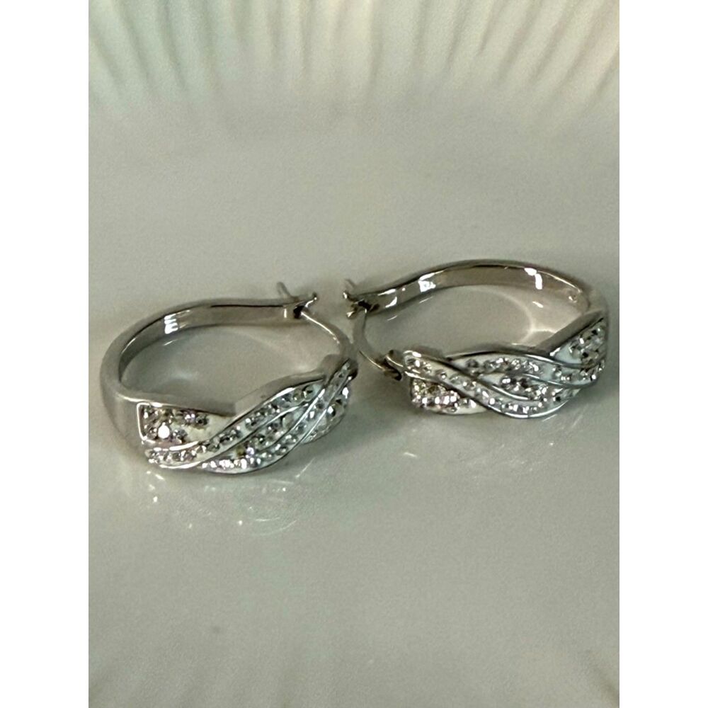 Crystal Studded Pave Silver Tone Braided Hoop Earrings